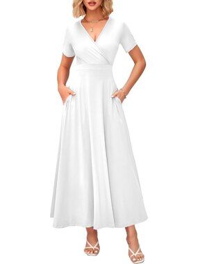 Women's White Summer Maxi Dress Wrap V Neck Elegant Long Dress Short Sleeve